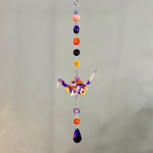 Origami Ornament #2409 - Small Crane with Glass and Stone Beads